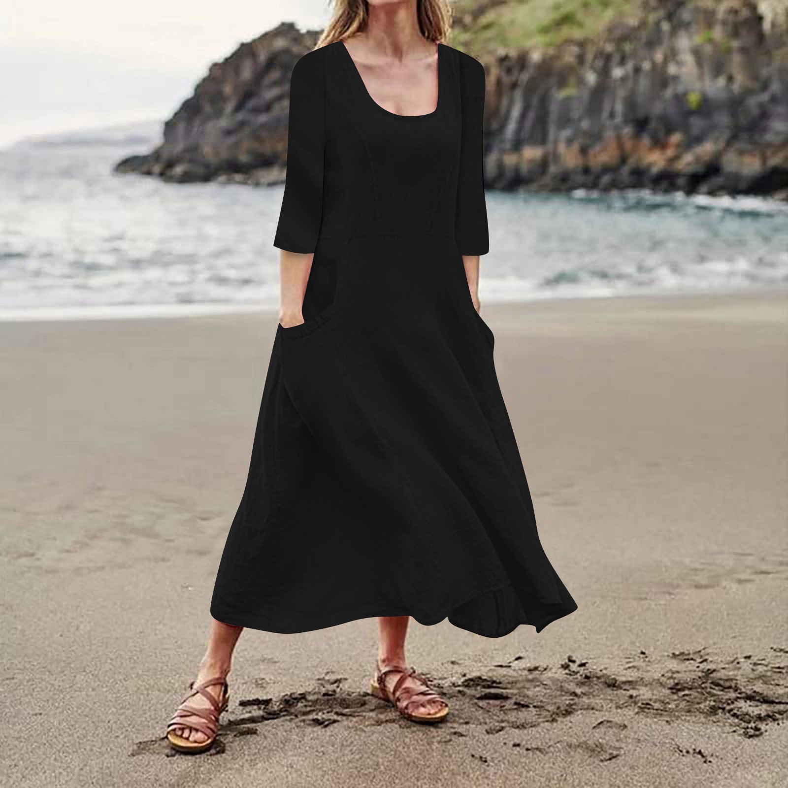 thumbnail image 2 of Vestido boho de manga 3/4 y cuello redondo con bolsillos para mujer - Color liso, corte holgado, vestido veraniego informal con estampado floral, 2 of 4